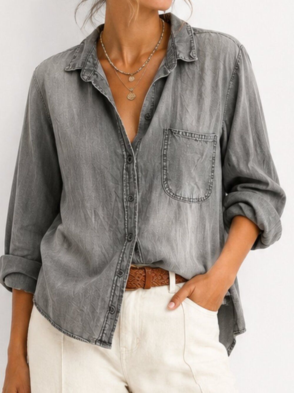 Cloth & Stone Gray Chambray Shirt Women's Medium Faded Black Button
